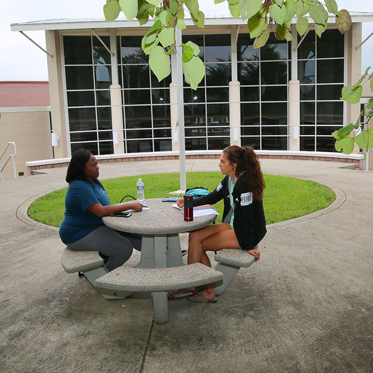 Image of students sitting and chatting at a picnic table on the Cookeville Campus
