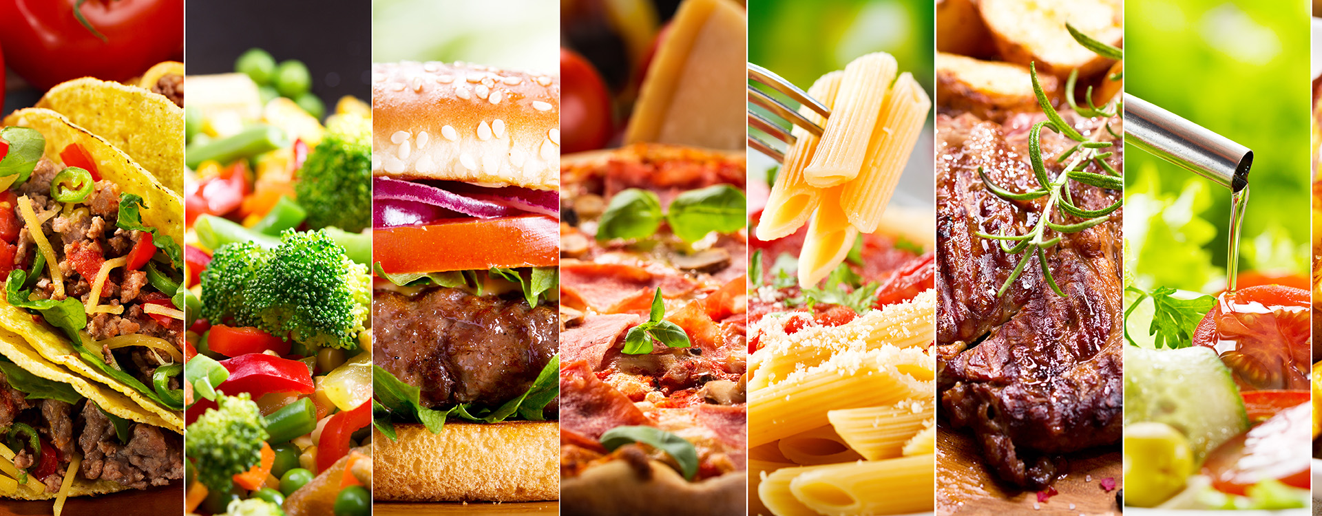 a collage of food items, from tacos to salad to pasta to hamburger